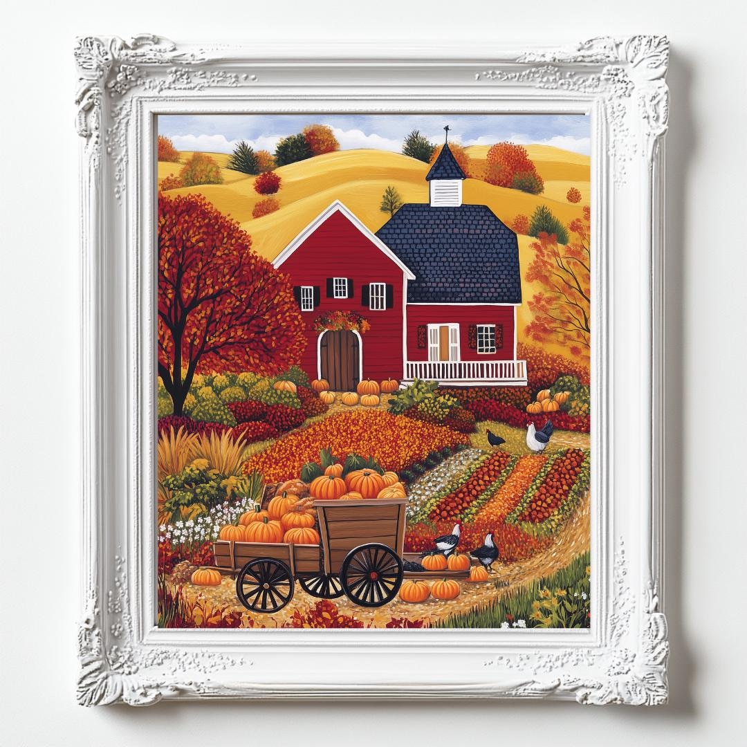 Rustic Fall Farmhouse Folk Art Print, Autumn Harvest Pumpkin Patch ...