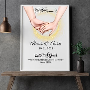 Nikkah Geschenk für muslimisches Paar, das sich an den Händen hält, Druck, Islamisches Hochzeitsgeschenk, Personalisiertes Paar Mangni Kunstwerk, Koranverse Shadi Mubarak