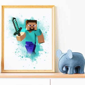 May include: Framed watercolour print of a pixelated character holding a sword. The character wears a turquoise shirt and purple trousers, set against a teal watercolour background. The wooden frame complements the artwork.