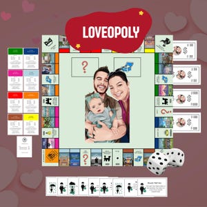 May include: A custom board game titled LOVEOPOLY featuring a central illustration of a family, including two adults and a baby. The set includes a game board, colorful property cards, paper currency with portraits, and two white six-sided dice.