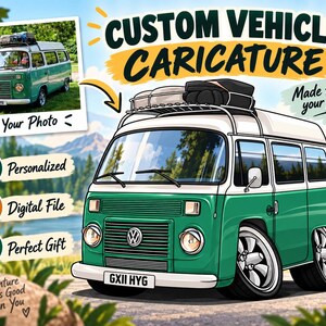 Op de afbeelding: Een aangepaste voertuigkarikatuur van een groen-witte Volkswagen-bus met een imperiaal, extra grote wielen en het kenteken GX11 HYG. De afbeelding bevat de tekst CUSTOM VEHICLE CARICATURE, MADE FROM YOUR PHOTO en GOOD VIBES FURTHER AHEAD.