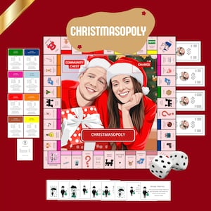 May include: A custom board game titled CHRISTMASOPOLY featuring a central illustration of two people in Santa hats, a game board with property spaces, Community Chest and Chance cards, play money with photo portraits, and two white dice.