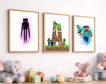 Custom Child Name Gaming Players Kids Room Wall Art | Watercolor Gamer Poster | Boys Room Decor |Download Transparent PNG Set of 3 Paintings