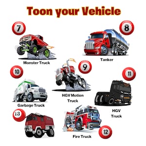 Personalised Vehicle Caricatures Cartoon Illustrations of Ambulance, Fire Crane, Food, Dump, Garbage Tow Trucks tractor Dually Custom Diesel