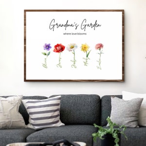 Affiche personnalisée de noms de fleurs de naissance | Décoration murale pour pendaison de crémaillère, cadeau floral personnalisé pour les meilleurs amis de la famille, mère, père ou jardin de mamie