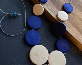 Blue round wooden beaded necklace