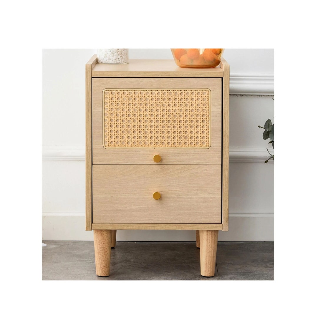 Midcentury Modern Rattan Nightstand With 2 Drawers Wood Etsy