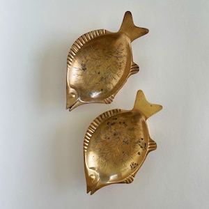 Vintage Brass Fish Trinket Dishes | Etched Brass Ashtray and Catchall Set, Coastal Decor, Made in India