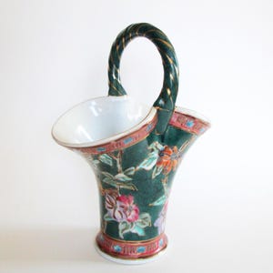 Vintage Chinese Basket Vase | Hand-Painted Ceramic with Handle, Traditional Decor