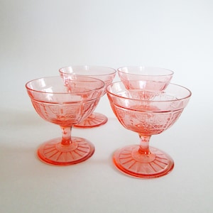 Set of 4 Anchor Hocking Pink Depression Glass Sherbet Glasses – Vintage 1930s Princess Footed Glassware - Dessert or Drinkware