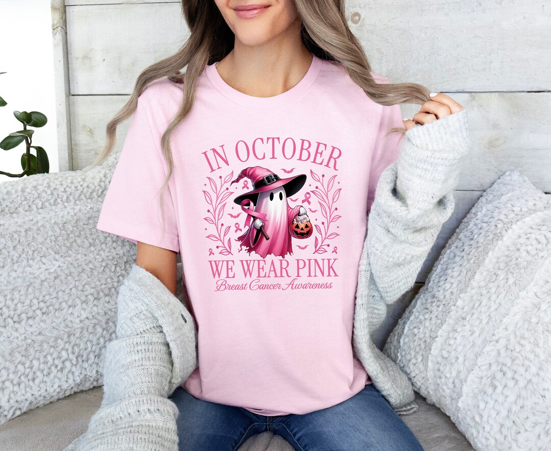 In October We Pink Ghost Shirt,hallowen Ghost Shirt,pink Ribbon Shirt ...