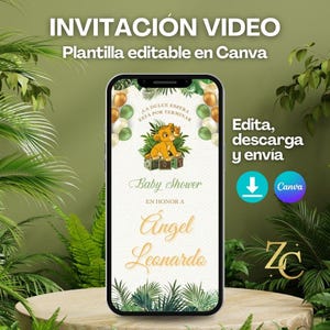 Puede incluir: Un teléfono inteligente muestra una plantilla de video de invitación a un baby shower. El diseño presenta un león de dibujos animados, globos y texto en español. La invitación incluye el texto "Baby Shower" y el nombre "Angel Leonardo". El texto superior dice "INVITACIÓN VIDEO".