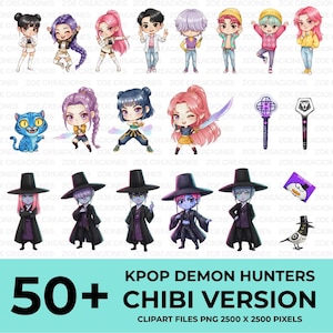 Può includere: Illustrazione digitale con oltre 50 personaggi in stile chibi, tra cui idoli K-pop e cacciatori di demoni. L'immagine mostra vari personaggi con abiti e acconciature uniche. Il testo in basso recita "KPOP DEMON HUNTERS CHIBI VERSION".