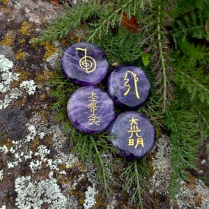 以下が含まれることがあります： 金色のシンボルと文字が刻まれた、丸く磨かれたアメジストの石が4つ。緑の葉と苔むした岩の上に配置されています。シンボルと文字は金色です。