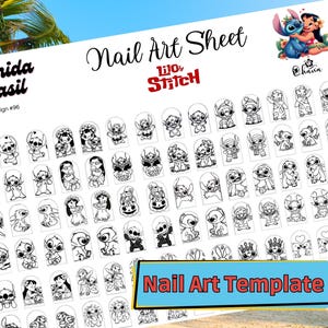 Alien Aloha Nail Art Templates | Nail Art Practice Sheet | Digital Cartoon Character Designs | Digital Character Decals | Ohana Stencils DIY