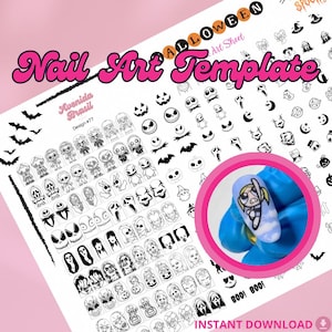 Halloween Horror Nail Art Practice Sheet | Cartoon Nail Art Templates | Digital Cartoon Character Designs | Printable DIY Nail Art Stencil