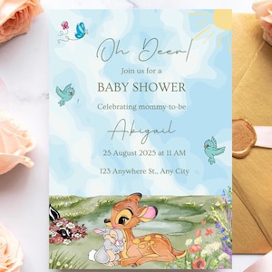 May include: Baby shower invitation with a watercolor background, featuring a fawn and a bunny. The invitation includes the text "Oh Deer!" and details for the event, including the name "Abigail" and the date.