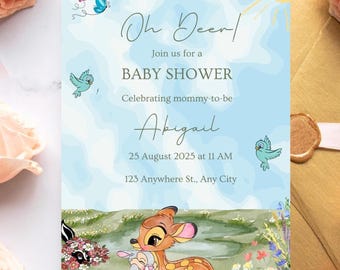 Invitación para baby shower de Bambi: temática de ciervos (descarga digital, plantilla de Canva)