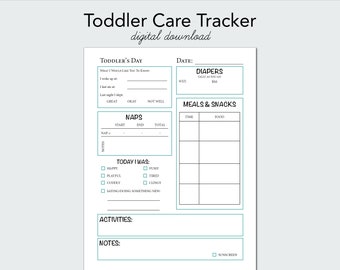 May include: A printable toddler care tracker with sections for daily activities, naps, meals and snacks, nappies, and notes. The tracker is designed in black and white with teal accents.