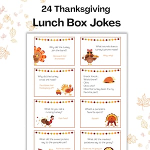 Puede incluir: Una hoja de 24 chistes para loncheras de Acción de Gracias. Cada tarjeta presenta un chiste con temática de pavo con ilustraciones y texto coloridos. Las tarjetas están decoradas con bordes e imágenes temáticas de otoño.