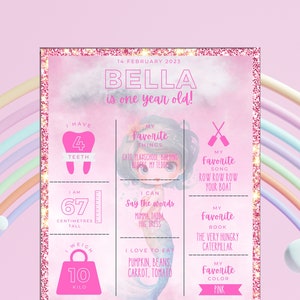 Signo editable del hito del primer cumpleaños, cartel del 1er cumpleaños, hito de la niña, estadísticas de recién nacidos de la niña, 1er cumpleaños rosa, cartel del hito