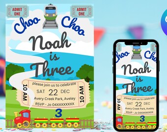 Invitación de cumpleaños con temática de tren editable, boleto de fiesta (archivo digital)