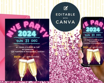 Könnte beinhalten: Eine digitale Einladung zu einer Silvesterparty am 31. Dezember 2024. Die Einladung zeigt ein neonpinkes und blaues Design mit Feuerwerk und Sektgläsern. Der Text lautet "NYE Party 2024" und "Sun 31 Dec".