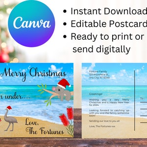 Cartolina di Natale australiana, cartolina di Natale modificabile, Natale estivo, biglietti di auguri, cartoline di Natale australiane, cartolina postale di Natale.