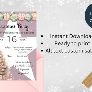 Peut inclure: Une invitation à une fête de Noël rose et blanche avec une illustration aquarelle d'un sapin de Noël décoré. L'invitation comprend le texte "Christmas Party", "Join us in celebrating a great year", "Sat 16 Dec", "Where: Dockside Bar (upstairs) Hillary's Boat Harbour Marina, WA", "Time: 3pm till late", "Partners are welcome to join. Drinks & Dinner will be provided. See you there!"