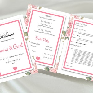 Puede incluir: Un programa de ceremonia de boda con un diseño floral rosa. El programa incluye los nombres del oficiante, los padres de la novia, los padres del novio y la fiesta nupcial. El programa también incluye el orden de la ceremonia, incluyendo la procesión, el rito introductorio, la oración de apertura y las lecturas.