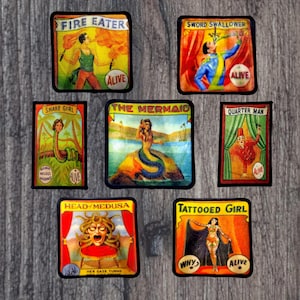 Könnte beinhalten: Eine Sammlung von Patches im Vintage-Stil mit Zirkus-Sideshow-Acts. Die Patches zeigen einen Feuerschlucker, einen Schwertschlucker, ein Schlangenmädchen, eine Meerjungfrau, einen Viertelmann, den Kopf der Medusa und ein tätowiertes Mädchen. Jeder Patch hat das Wort "ALIVE".