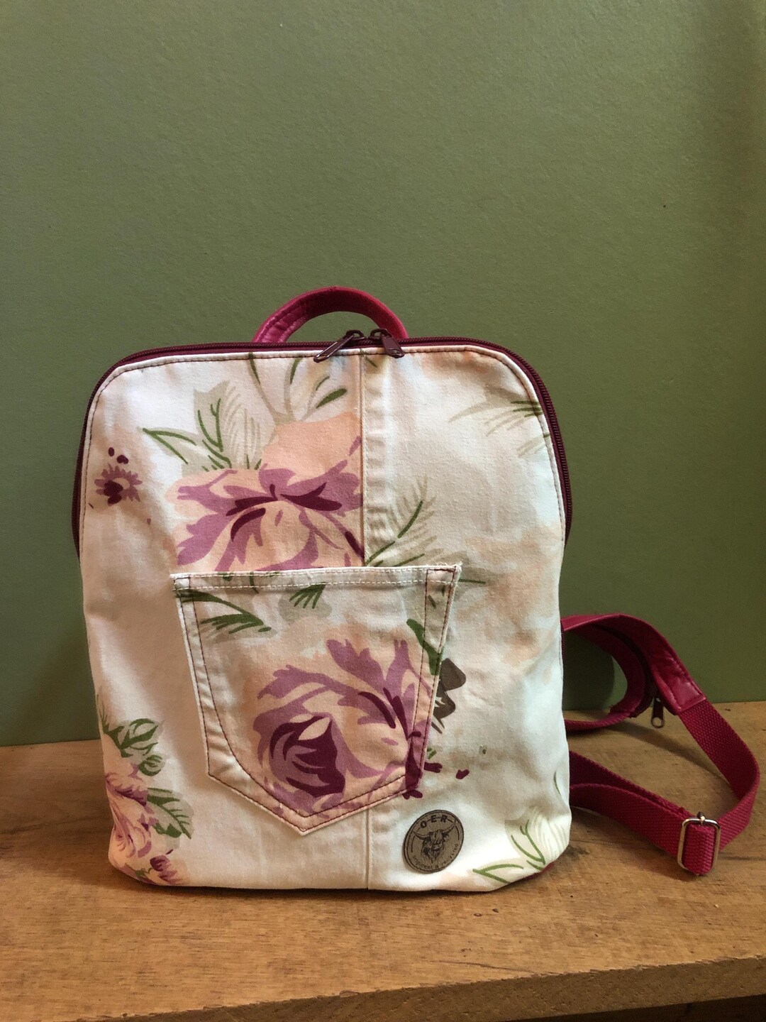 Pink Patterned Backpack Upcycled Pink Denim Backpack With Floral Print, Handy Backpack Made of ...