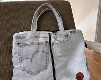 Szary, dżinsowy pokrowiec na laptopa, torba na laptopa z recyklingu, dżinsowy pokrowiec na laptopa, dżinsowa torba na laptopa