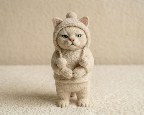 Handmade Needle Felted Cat Figurine with Hoodie - Cute Wool Cat Sculpture with Pompoms, Perfect Gift for Cat Lovers, Father's Day gift