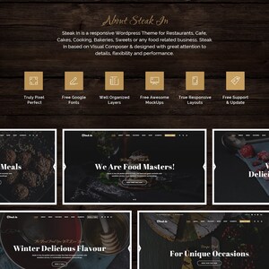 May include: Website screenshot for Steak In, a WordPress theme for restaurants, cafes, bakeries, and other food-related businesses. The website features a dark background with images of food and text that reads "We Are Food Masters!" and "Winter Delicious Flavour".