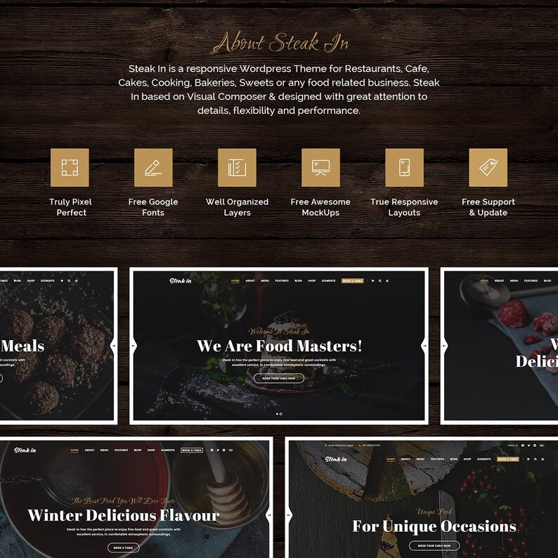 May include: Website screenshot for Steak In, a WordPress theme for restaurants, cafes, bakeries, and other food-related businesses. The website features a dark background with images of food and text that reads "We Are Food Masters!" and "Winter Delicious Flavour".