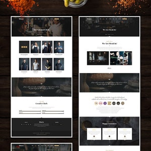 May include: Website screenshot of a restaurant showcasing their talented chefs, menu, and customer testimonials. The website features a dark background with gold accents and a modern design.