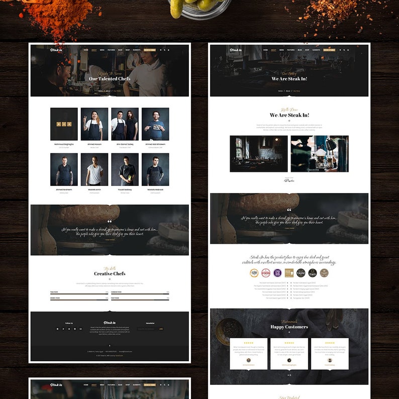 May include: Website screenshot of a restaurant showcasing their talented chefs, menu, and customer testimonials. The website features a dark background with gold accents and a modern design.