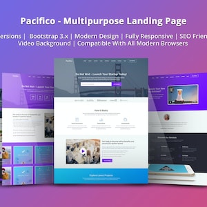 May include: A website landing page design template with the text "Pacifico - Multipurpose Landing Page" and the tagline "6 Versions | Bootstrap 3.x | Modern Design | Fully Responsive | SEO Friendly Video Background | Compatible With All Modern Browsers". The page features a variety of design elements, including a video background, a call to action button, and a contact form.