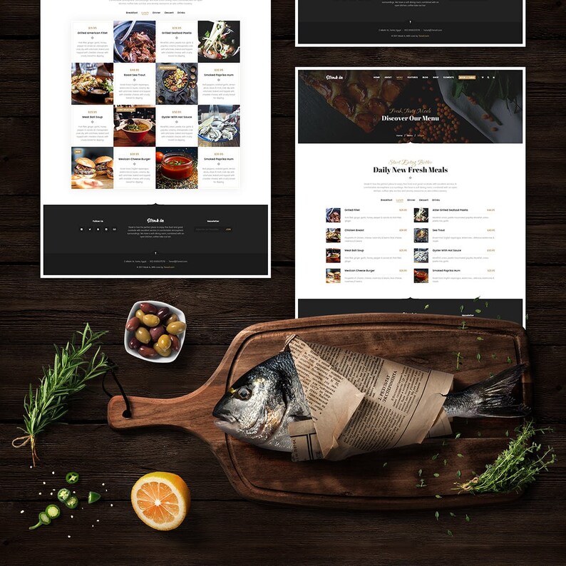 May include: A whole fish wrapped in brown paper on a wooden cutting board. The fish is on a dark wood surface with green herbs, green peppers, and a lemon slice.