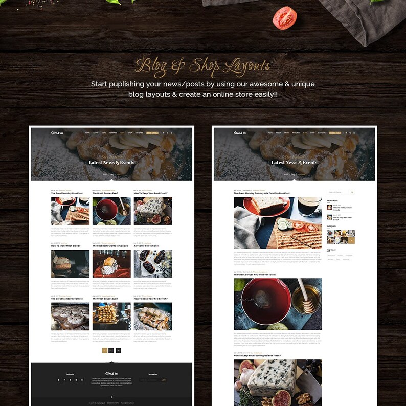 May include: A website screenshot showing a blog and shop layout for a food-related business. The website features a header with the text "Blog & Shop Layouts" and a subheader that reads "Start publishing your news/posts by using our awesome & unique blog layouts & create an online store easily!!". The website also features a section titled "Latest News & Events" with images of food and text descriptions.