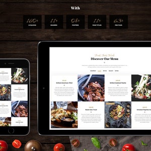 May include: A website mockup for a restaurant menu featuring a variety of dishes, including grilled American fillet, grilled seafood paella, roast sea trout, and smoked paprika hummus. The website is designed with a clean and modern aesthetic, with high-quality images of the food and a simple layout.