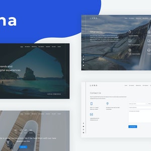 May include: A website screenshot showing four different pages of a website called "Lana". The website is a portfolio for a company that builds brands and digital experiences. The website features a dark background with a large image of a beach and a cave. The website also features a page with a waterfall and a page with a contact form.