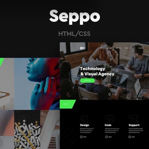 May include: Website homepage for Seppo, a technology and visual agency. The website features a black background with green accents. The homepage includes a photo of a group of people working on laptops, a photo of a person with blue and red lighting, and a section with three numbered steps: Design, Code, and Support.