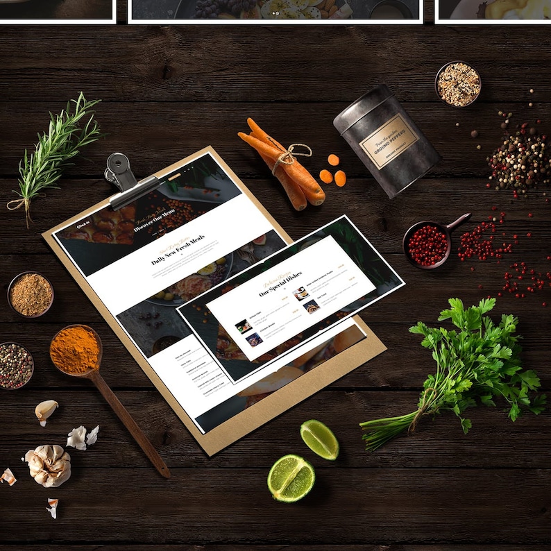 May include: A brown wooden table with a menu, spices, herbs, and vegetables. The menu is open to a page titled "Discover Our Menu" and "Daily, New Fresh Meals".