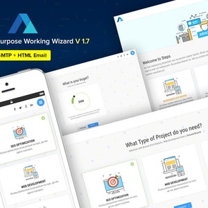 May include: A screenshot of a website showing a wizard-like interface for selecting a type of project, such as SEO optimization, web development, or design. The website is called "STEPS Multipurpose Working Wizard V 1.7" and includes the text "Welcome to Steps".