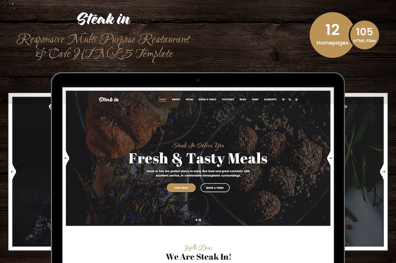 May include: Website homepage for Steak In, a restaurant featuring a dark background with a close-up image of food. The text "Steak In Offers You Fresh & Tasty Meals" is displayed in white with a gold outline. The website offers a menu, booking, features, blog, shop, and elements.