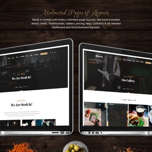 May include: Two laptop computer screens displaying a website for a steakhouse restaurant. The website has a black background with white text and images. The text on the website says "We Are Steak In!" and "Our Gallery".