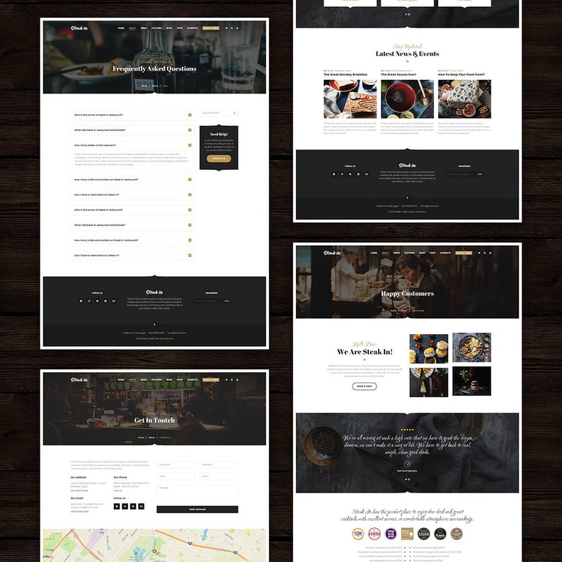 May include: Website for a steakhouse restaurant called Steak In. The website features images of food, customer testimonials, and information about the restaurant's menu and location. The website also includes a section for frequently asked questions.