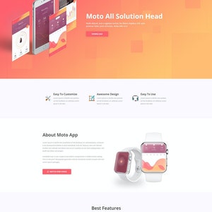 May include: A website screenshot displaying a mobile app design with a red, orange, and yellow gradient background. The website includes a call to action button labelled "Download". The website also features a section titled "About Moto App" with a video player button that says "Watch Our Video". The website also features a section titled "Best Features" with three icons: a bell icon, a star icon, and a code icon.